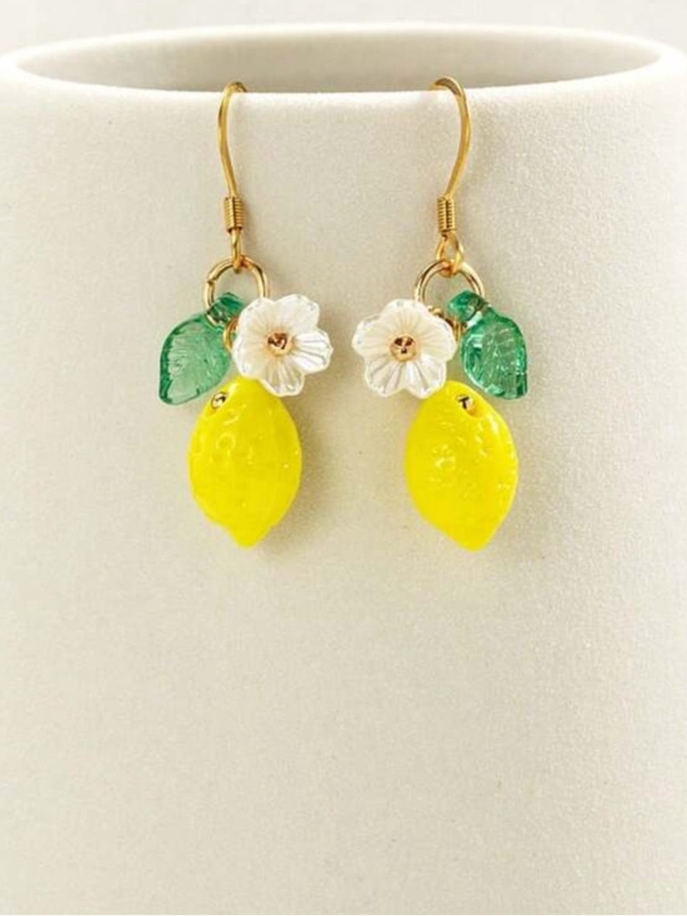Lemon Drop Dangle Earrings with Green Leaf and White Flower